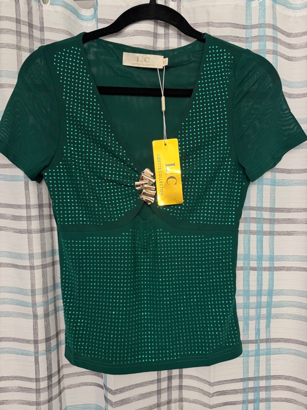 Green Short Sleeve Studded V-Neck Top